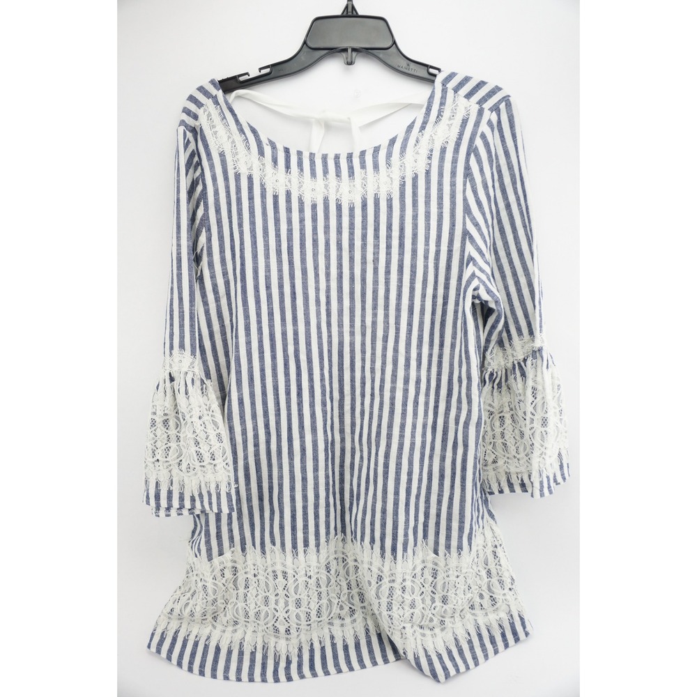 I Madeline‎ Striped Lace Trim Bell Sleeve Tunic Top Women L Blue White